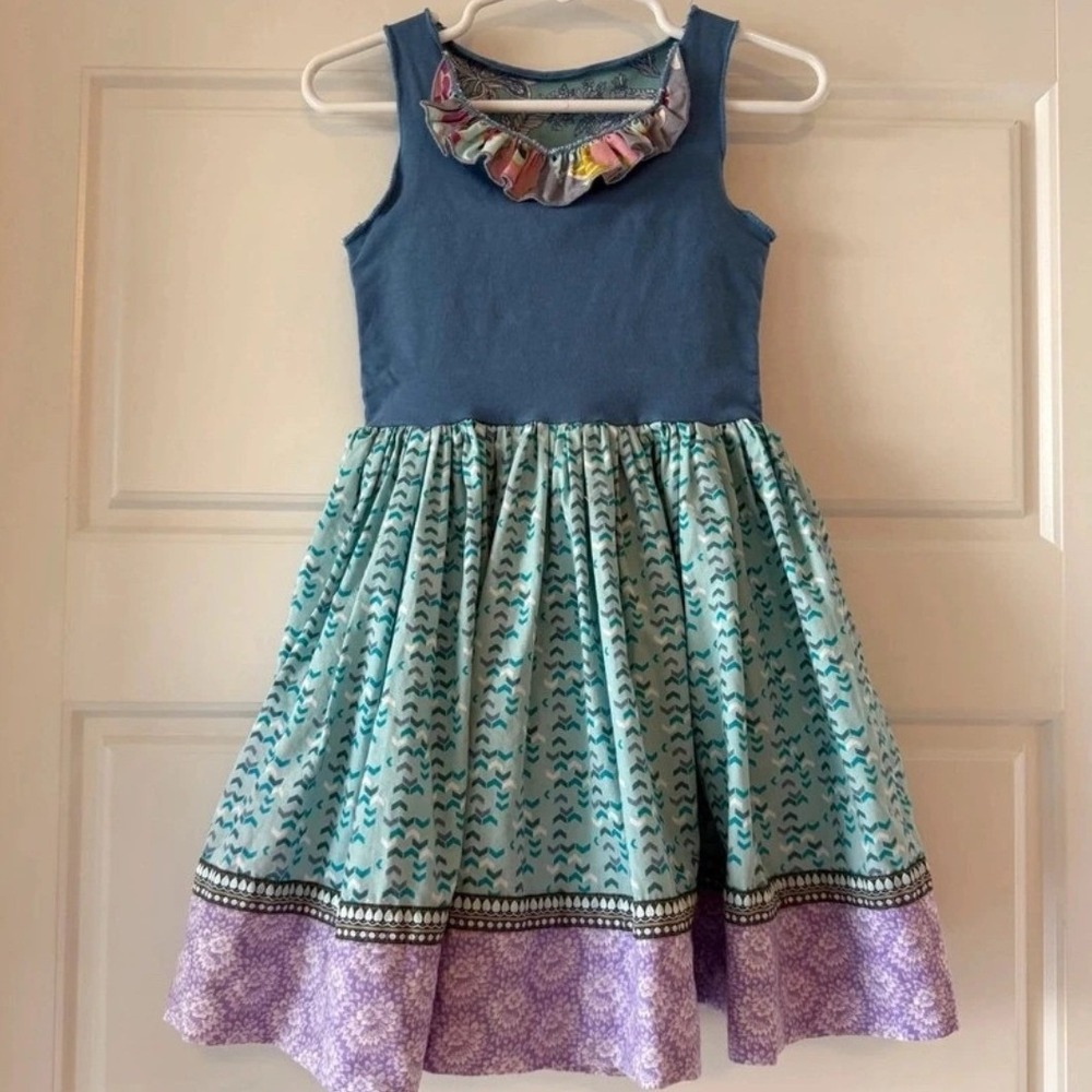Platinum Matilda Jane Girls Blue Purple Mixed Print Ruffle Dress 5/9 Size 4